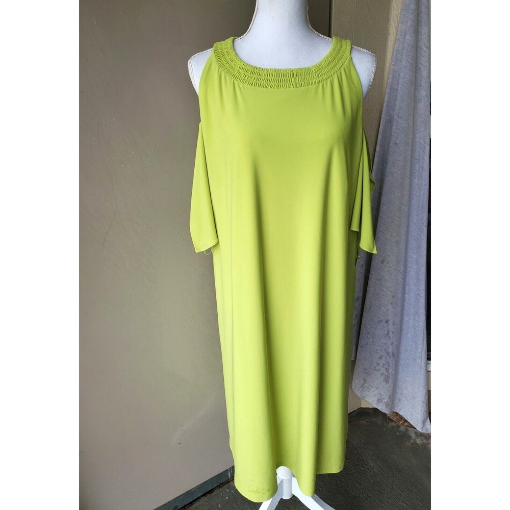 Nine West Cold Shoulder‎ Dress Women 16 Lime Green Smocked Neck Shift Cocktail